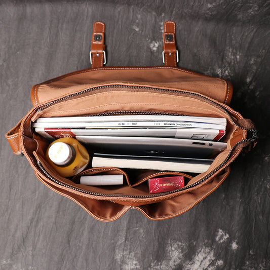 Mens Full-Grain Leather Large-Capacity Shoulder Bag