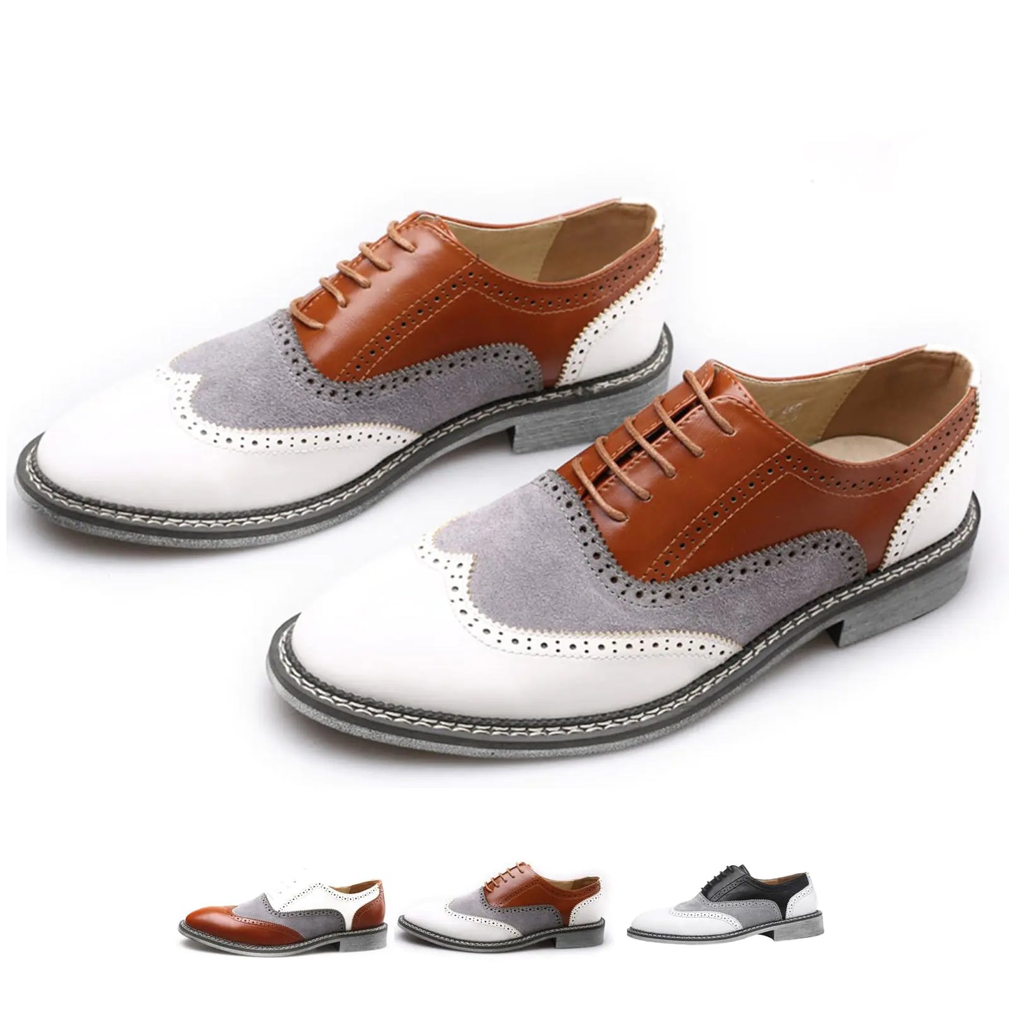 Mens Two Tone Patchwork Brogue Oxfords Shoes Fashion Classic Round-Toe Lace Up Low Top Leather Dress Shoes Hand Stitched Business Formal Derby Shoes (Brown7)