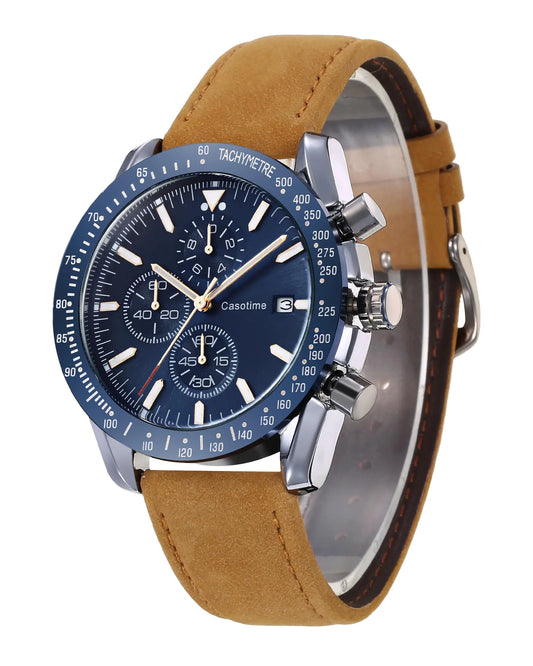 Casotime Mens Leather Watches Chronograph Analog Quartz Date Wrist Watch 30M Waterproof Big Face Casual Fashion Sport Dress Watches for Men Elegant Gift