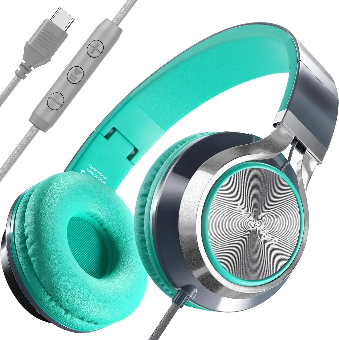 VkingMoR Wired Headphones with Mic & Volume Control — (Upgraded) Type-C Wired Headphones On-Ear Headphones with Wire Plug in Headphones for Laptop Wired Headphone Over Ear Green