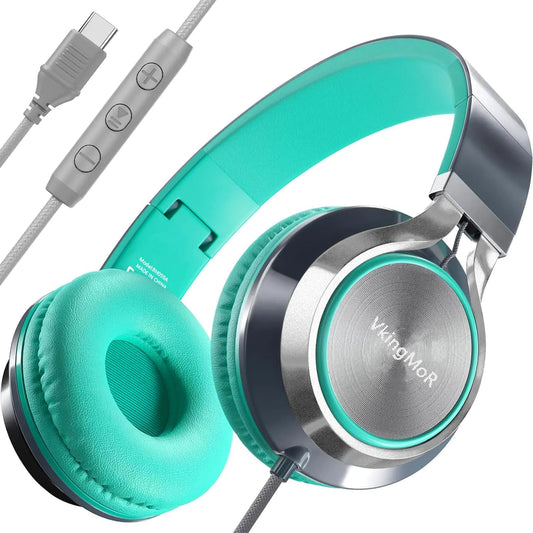VkingMoR Wired Headphones with Mic & Volume Control — (Upgraded) Type-C Wired Headphones On-Ear Headphones with Wire Plug in Headphones for Laptop Wired Headphone Over Ear Green