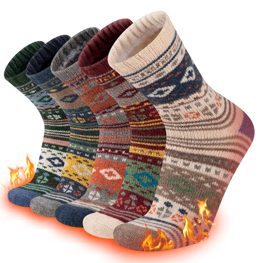 COOPLUS Warm Wool Socks Mens Winter Thermal Thick Crew Cold Weather Pattern Socks (5 Pairs)