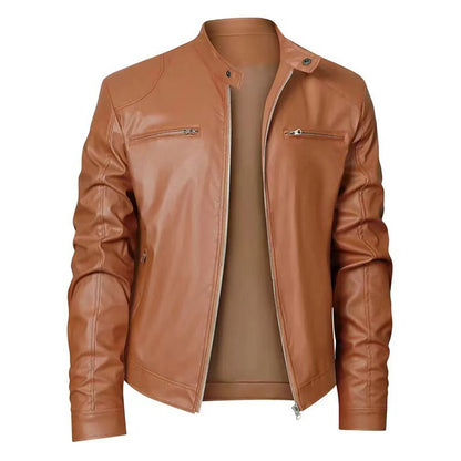 Gentleman's Warm Zipper Cardigan Pocket Decorated Pu Leather Coat