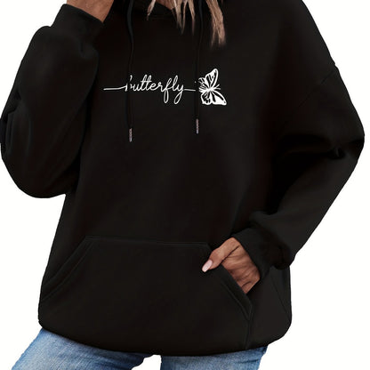 Womens Casual Hoodie With Drawstring And Butterfly Print