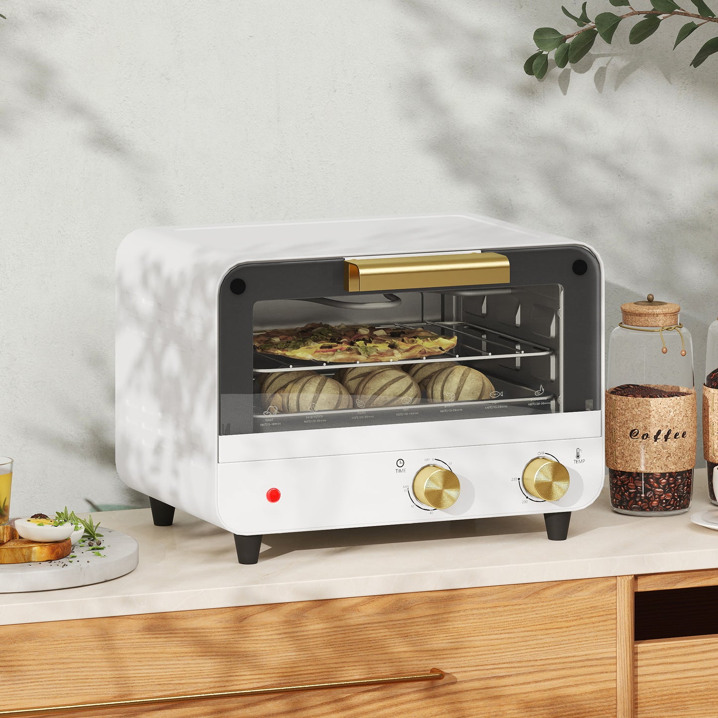 Small Toaster Oven, 12L Multifunction Mini Countertop Oven With Glass Door, Adjustable Temperature And Timer, White
