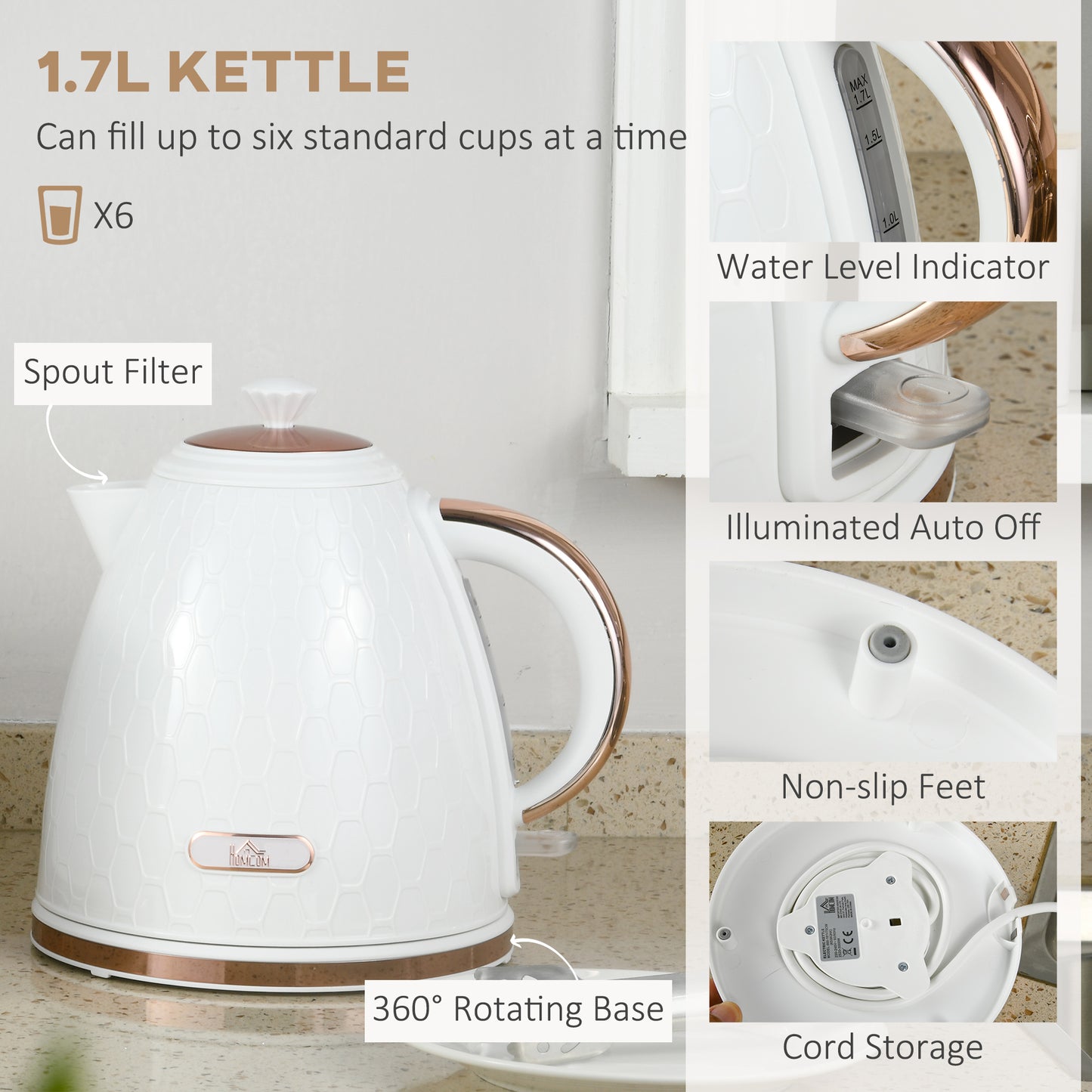 1.7L 3000W Fast Boil Kettle & 2 Slice Toaster Set, Kettle And Toaster Set With Auto Shut Off, Browning Controls, White