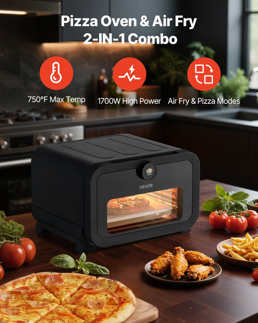 Pizza Oven, 8 Presets Electric Pizza Ovens Air Fry Combo, 12-Inch Indoor Pizza Maker Smart Knob Control , 750°F Max Temp, IPX4 Waterproof Countertop Pizza Cooker W/Pizza Stone,Fry Basket