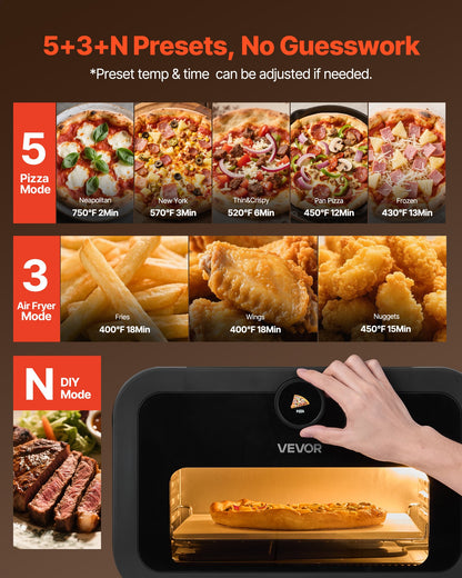 Pizza Oven, 8 Presets Electric Pizza Ovens Air Fry Combo, 12-Inch Indoor Pizza Maker Smart Knob Control , 750°F Max Temp, IPX4 Waterproof Countertop Pizza Cooker W/Pizza Stone,Fry Basket