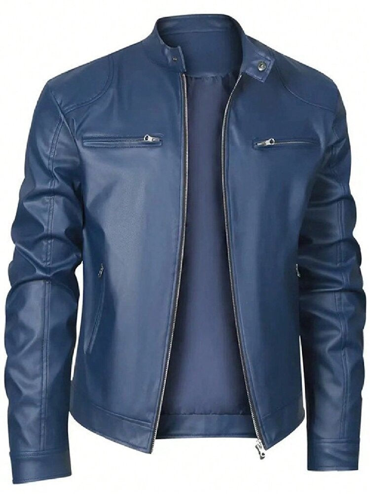 Gentleman's Warm Zipper Cardigan Pocket Decorated Pu Leather Coat