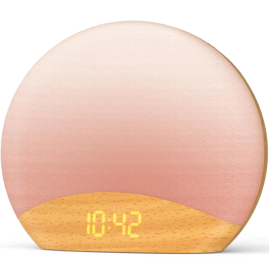 HOUSBAY Wood Grain Sunrise Alarm Clock- Natural Wake Up Light FM Radio Bluetooth Speaker Dimmable Nightlight & Display- Soothing Morning Routines