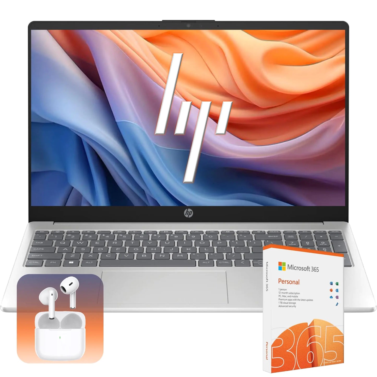 HP Laptop with 1-Year Microsoft 365 & Wireless Buds| 15.6 inch HD Display| Intel Quad-Core Processor| 16GB RAM 128GB SSD with 128GB External Drive| HDMI| USB-C| Windows 11 H| Silver