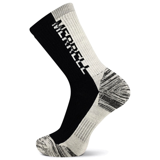 Merrell Unisex-Adults Mens and Womens Zoned Cushioned Wool Hiking Crew Socks-1 Pair Pack-Breathable Arch Support Black/White Logo Small-Medium