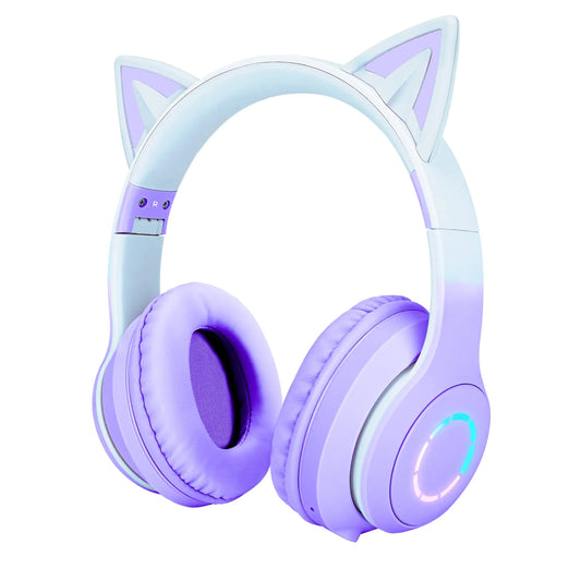 QearFun Car Ear Bluetooth Headphones Foldable 7 Colors Led Light Up Kids Adults Girls Over Ear Wireless Headphones with Built-in Mic & 3.5mm Jack Cat Gaming Headset for iPad/Tablet/PS4/PS5 Purple