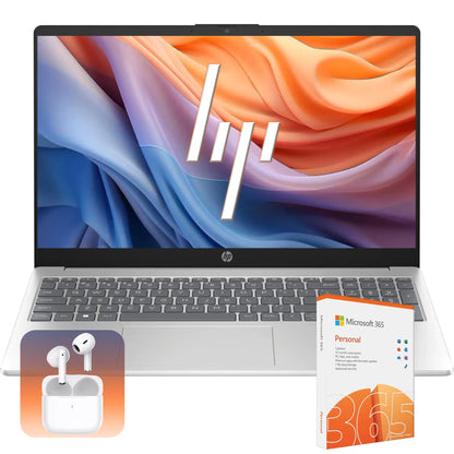 HP Laptop with 1-Year Microsoft 365 & Wireless Buds| 15.6 inch HD Display| Intel Quad-Core Processor| 16GB RAM 128GB SSD with 128GB External Drive| HDMI| USB-C| Windows 11 H| Silver
