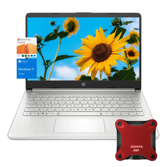 HP Laptop 14" HD Display Intel Quad-Core Processor 16GB RAM 640GB Storage (128GB + 512GB External SSD) SD Card Reader 1 Year Microsoft 365 Webcam Wi-Fi Windows 11 Home Silver