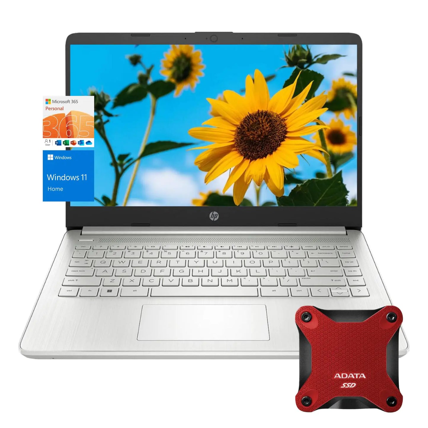 HP Laptop 14" HD Display Intel Quad-Core Processor 16GB RAM 640GB Storage (128GB + 512GB External SSD) SD Card Reader 1 Year Microsoft 365 Webcam Wi-Fi Windows 11 Home Silver