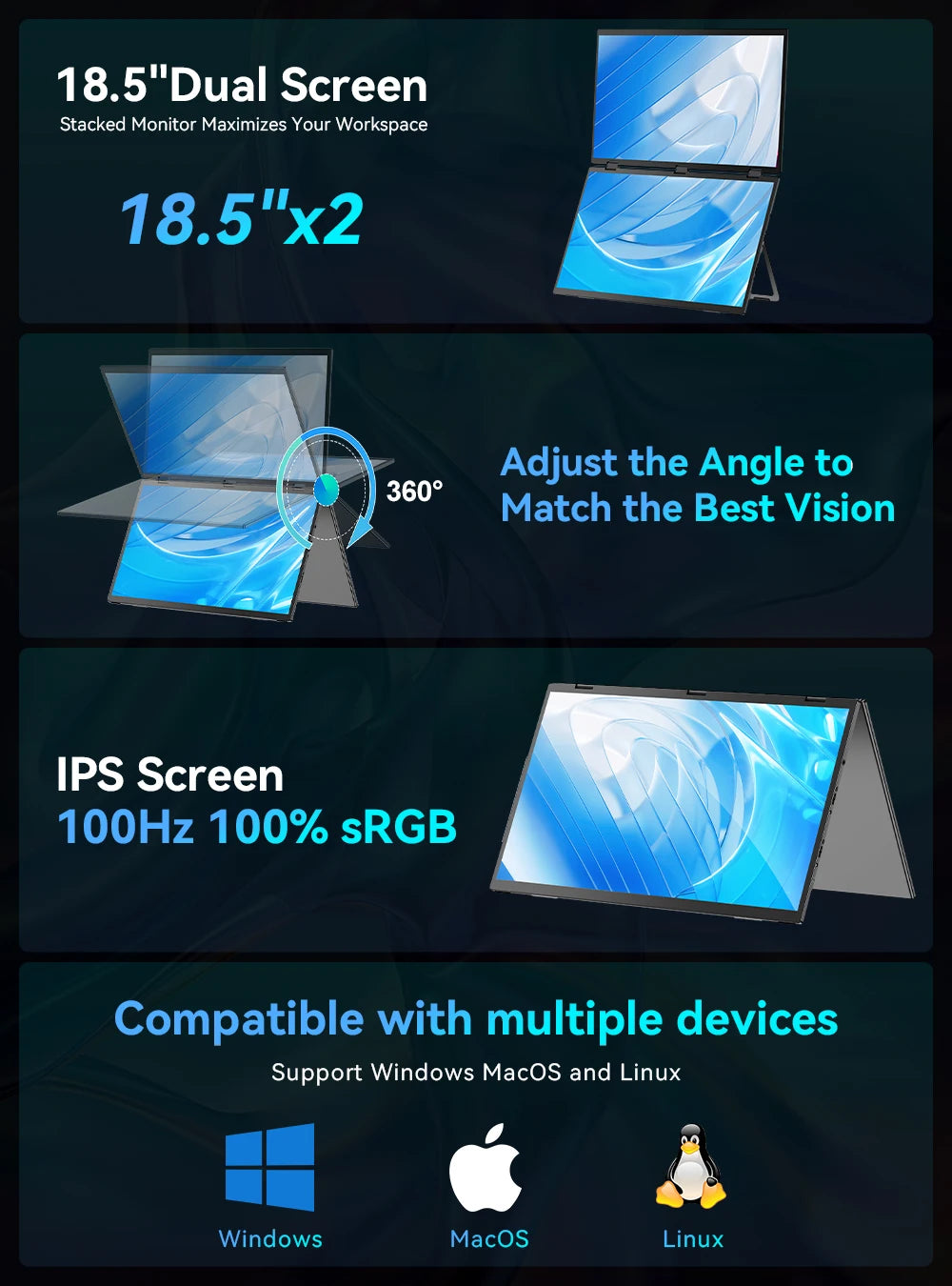 UPERFECT 18.5'' 100Hz 1080P Touch Screen Dual Triple Portable Monitor IPS HDR Second Display Foldable Laptop PC Gaming Monitors