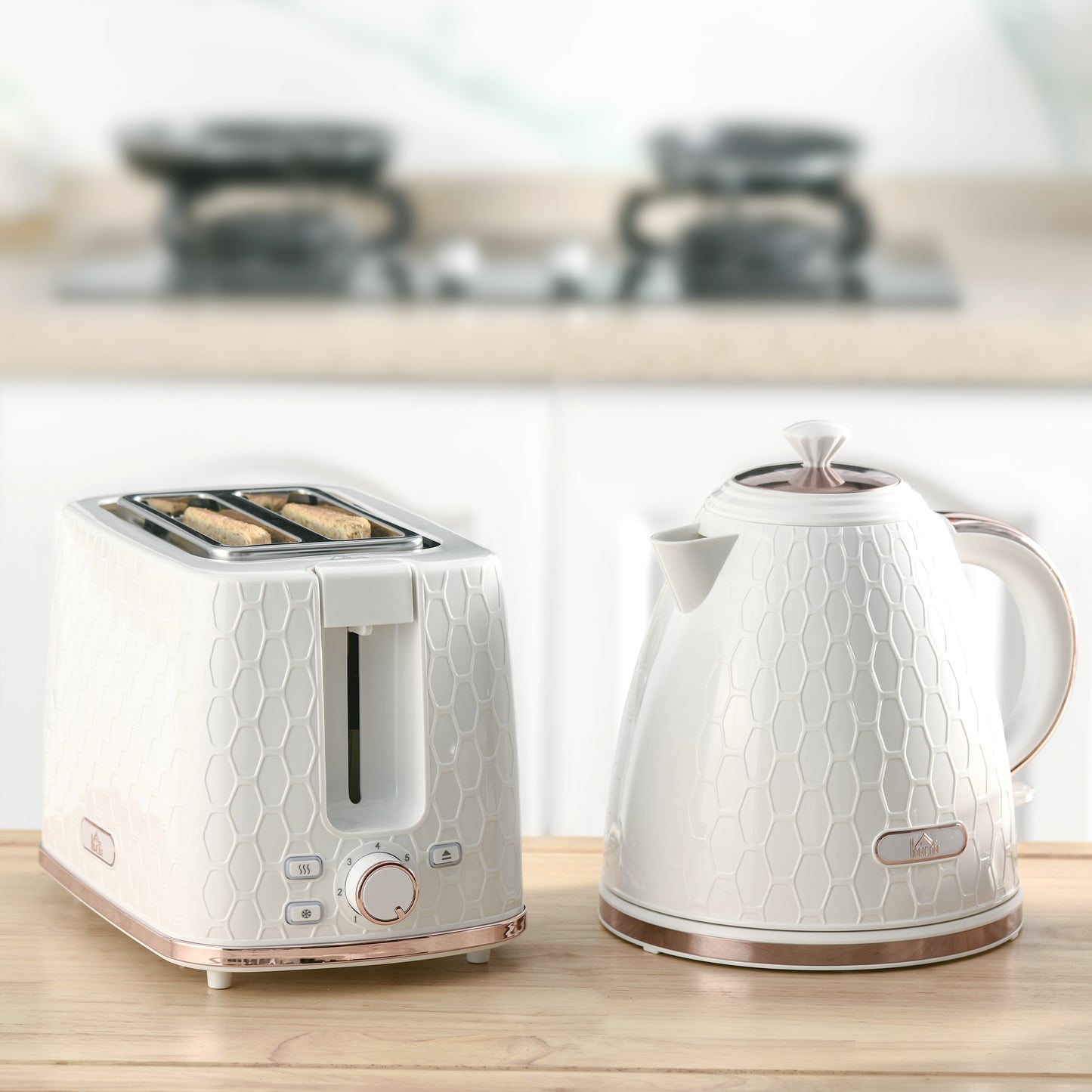 1.7L 3000W Fast Boil Kettle & 2 Slice Toaster Set, Kettle And Toaster Set With Auto Shut Off, Browning Controls, White
