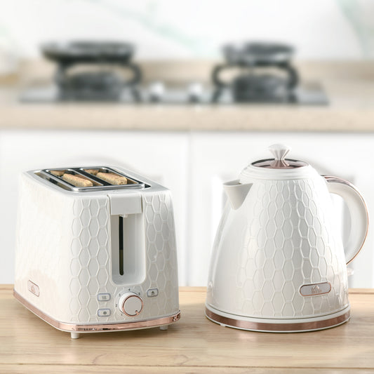 1.7L 3000W Fast Boil Kettle & 2 Slice Toaster Set, Kettle And Toaster Set With Auto Shut Off, Browning Controls, White