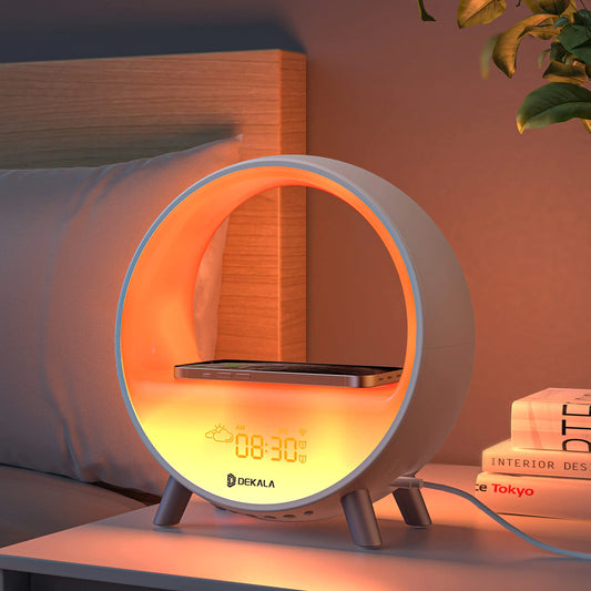 Dekala Arches Sunrise Alarm Clock with 15W Fast Wireless Charging Sunset White Noise Sound Machine Smart Ambient Lamp Gradual Sunrise App & Touch Control Support 2.4G WiFi