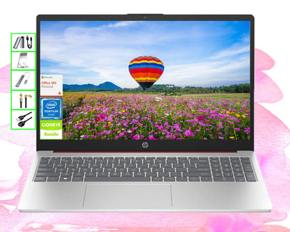 HP AI-Powered Laptop with Microsoft Office＆1TB Cloud Storage Included for 1-Year| 15.6" HD PC| 16GB RAM| 128GB SSD & 128GB External SSD| Intel 4-Core CPU| Webcam| Copilot Ready| Win11| Red| LE Bundle