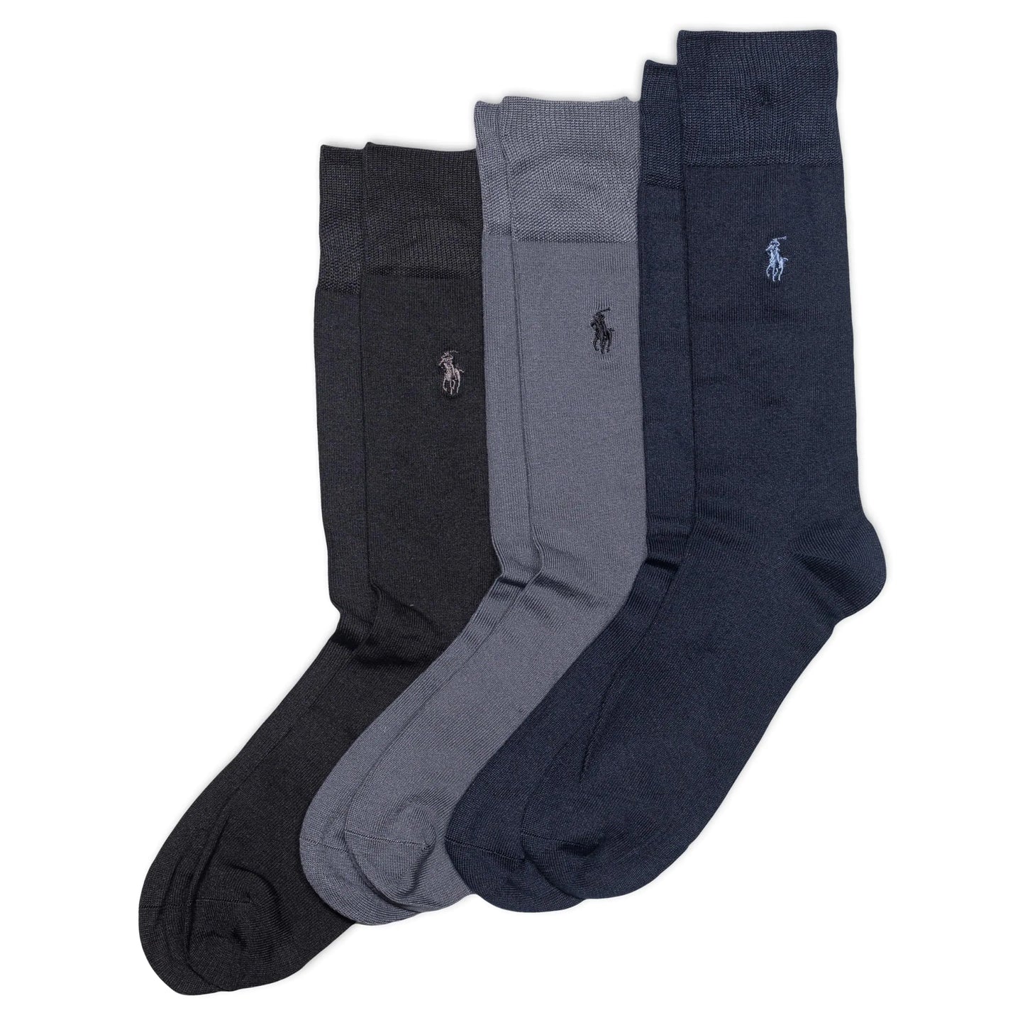 POLO RALPH LAUREN Mens Super Soft Flat Dress Crew Socks-3 Pair Pack-Heel-Toe Reinforcement Black Assorted 12-17
