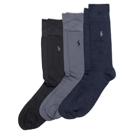 POLO RALPH LAUREN Mens Super Soft Flat Dress Crew Socks-3 Pair Pack-Heel-Toe Reinforcement Black Assorted 12-17