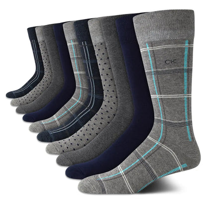 Calvin Klein Mens Dress Socks - 10 Pack Plain and Printed Crew Calf Compression Socks 7-12 Size 7-12 Heather Grey