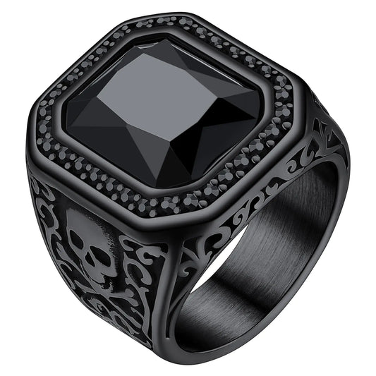 Mens Black Onyx Ring Band Signet Punk Rings Thumb Vintage Skull Cool Gothic Punk Black Ring Gift for Halloween/Valentine Jewelry Size 13