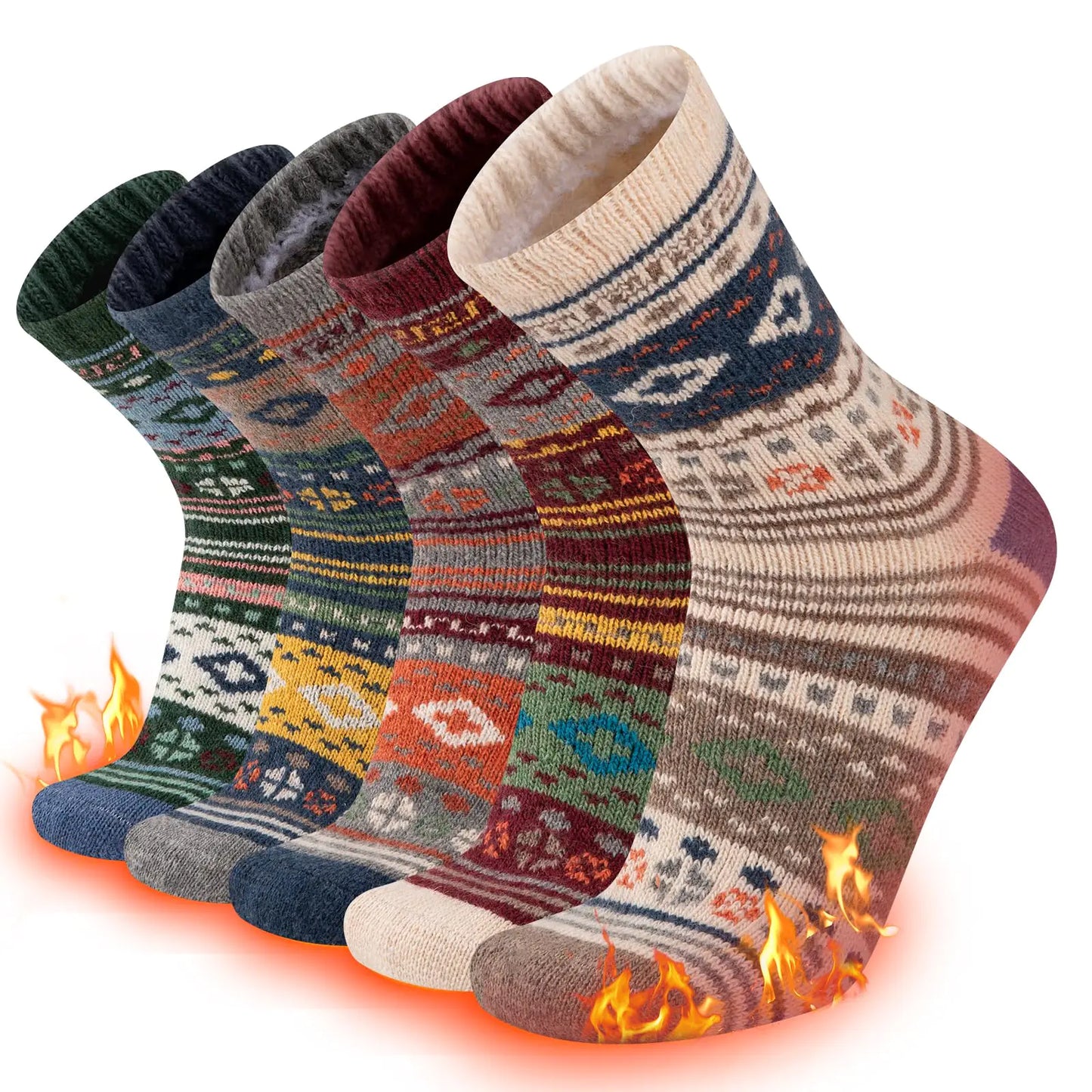 COOPLUS Warm Wool Socks Mens Winter Thermal Thick Crew Cold Weather Pattern Socks (5 Pairs)