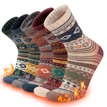COOPLUS Warm Wool Socks Mens Winter Thermal Thick Crew Cold Weather Pattern Socks (5 Pairs)